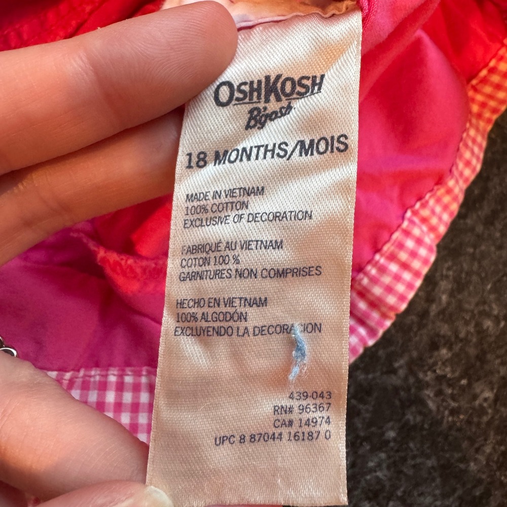OshKosh Bgosh Pink Gingham Trim Cotton Shortalls 18 Months - Picture 7 of 8